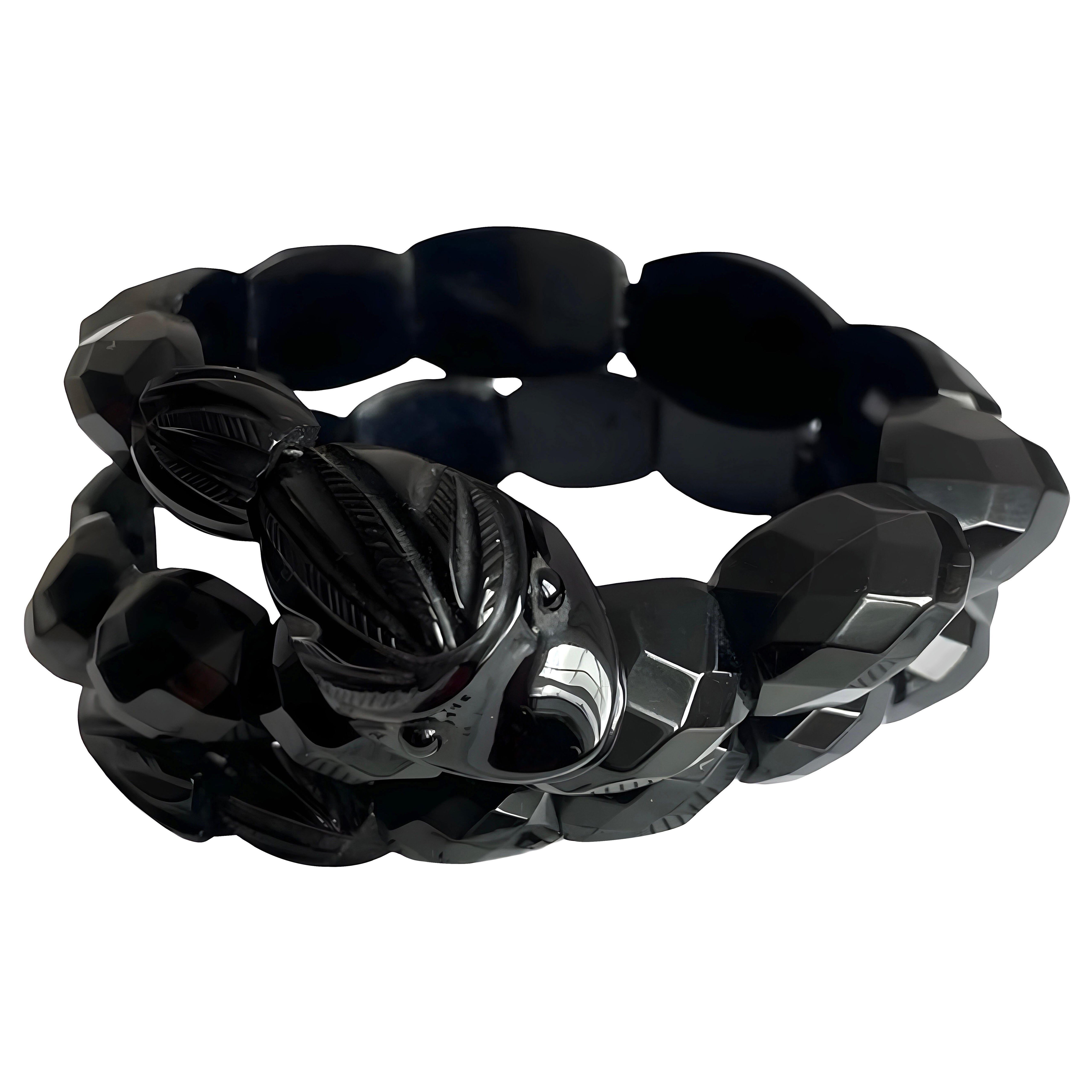 Antique Victorian Whitby Jet snake bracelet, perles à facettes, collectible Mourning