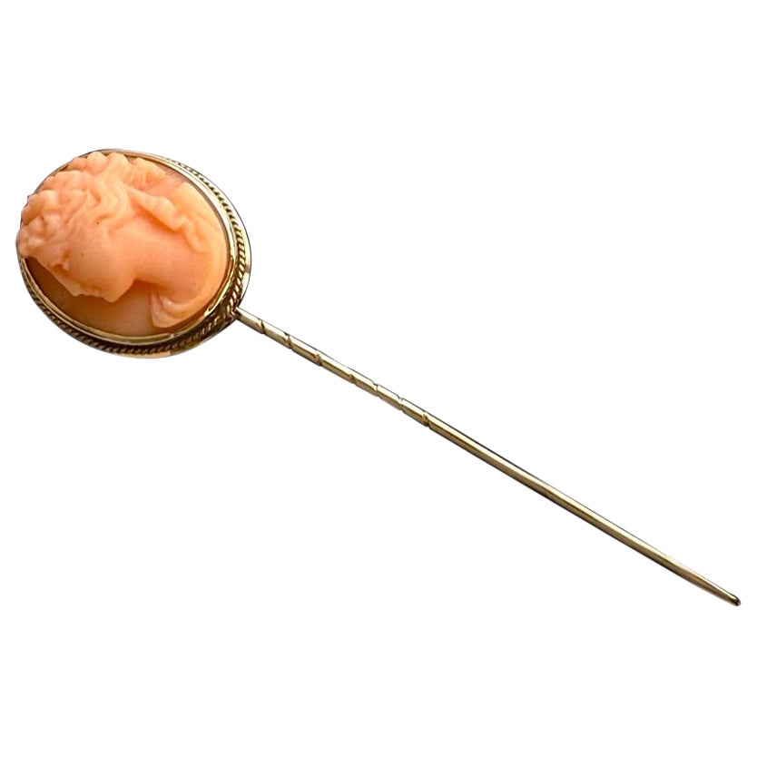 14k Gold Antique Victorian carved Coral Cameo Stickpin, Greek Goddess, 14ct box