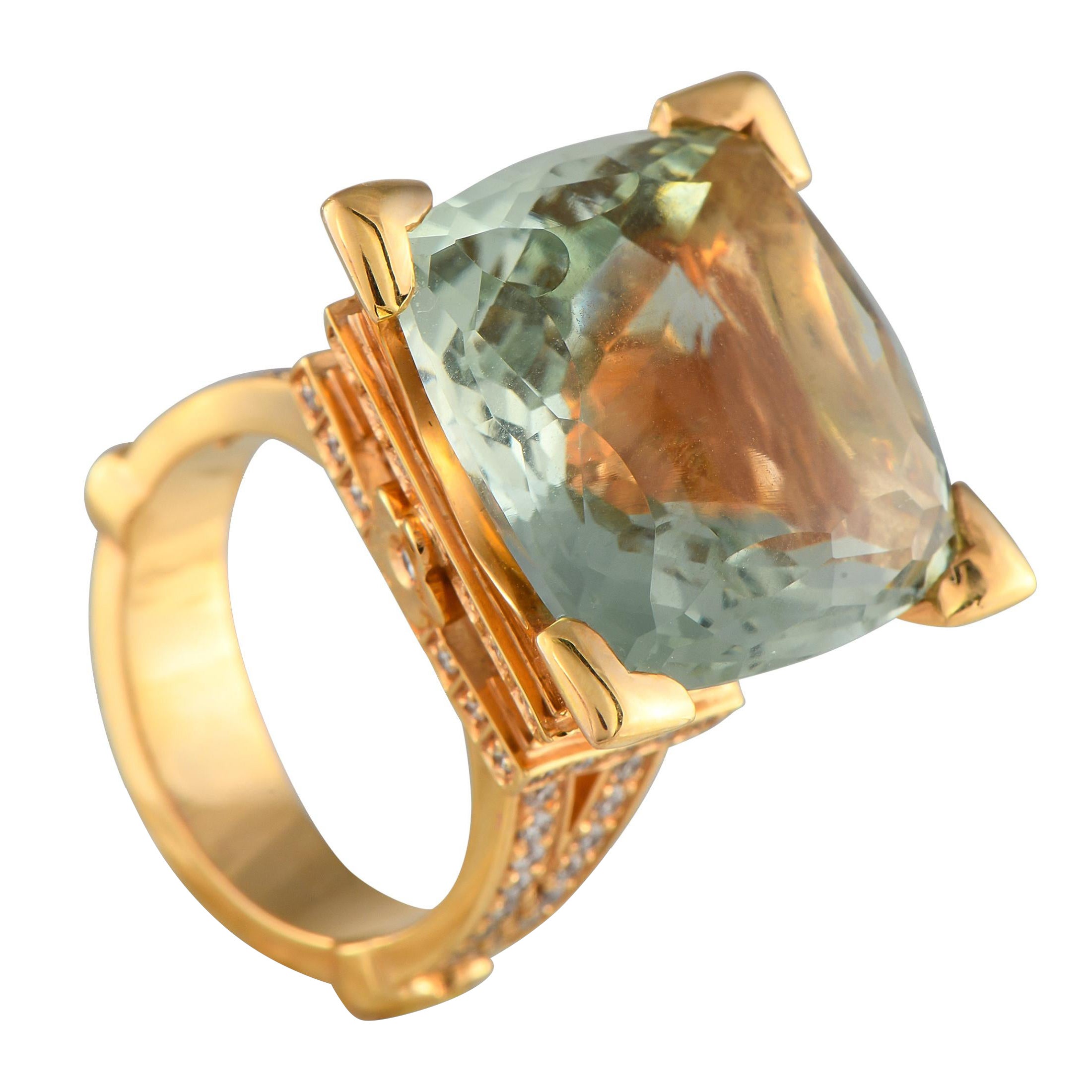 Pasquale Bruni 18K Yellow Gold Diamond and Green Beryll Eiffel Tower Ring