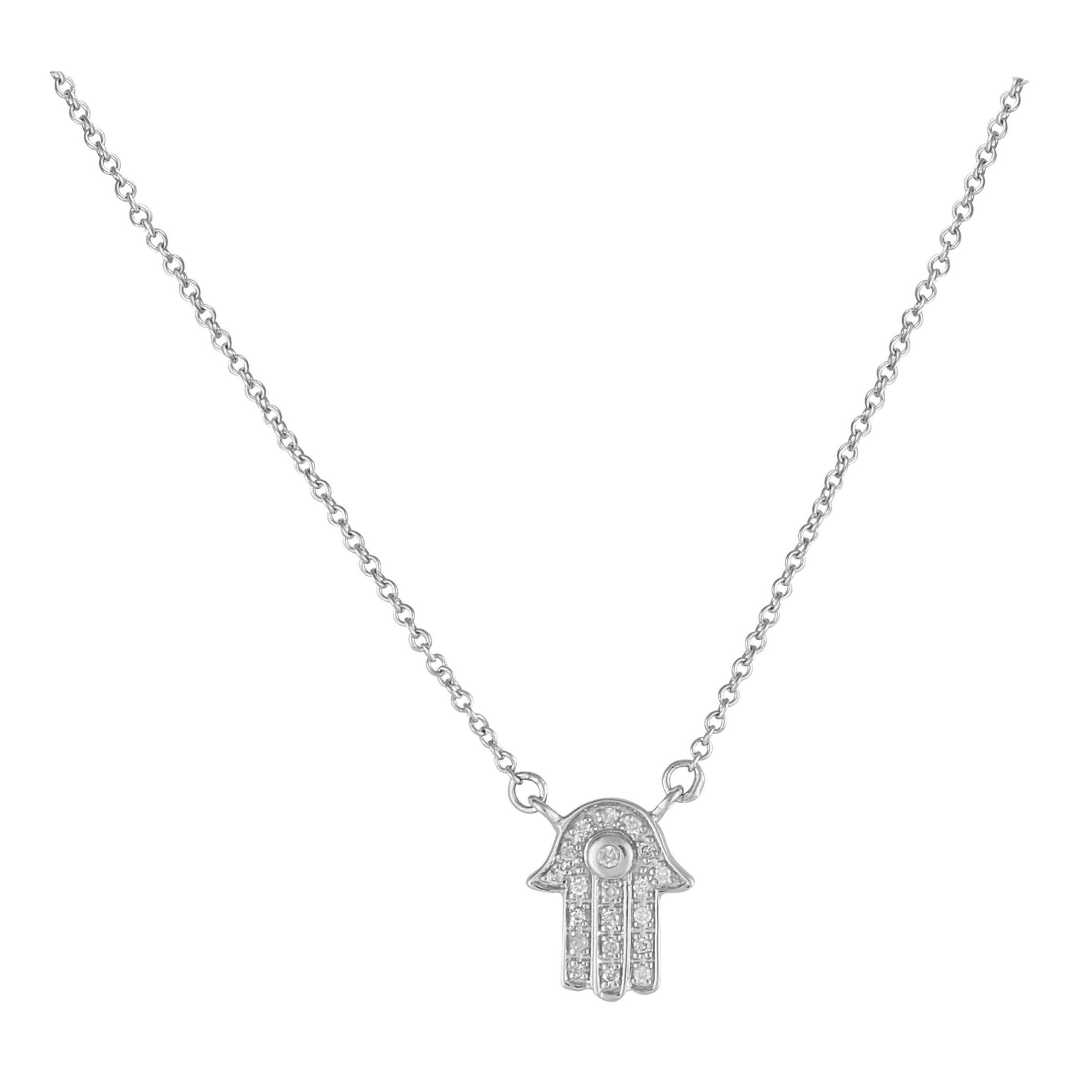 14K White Gold 0.10ct Diamond Hamsa Necklace