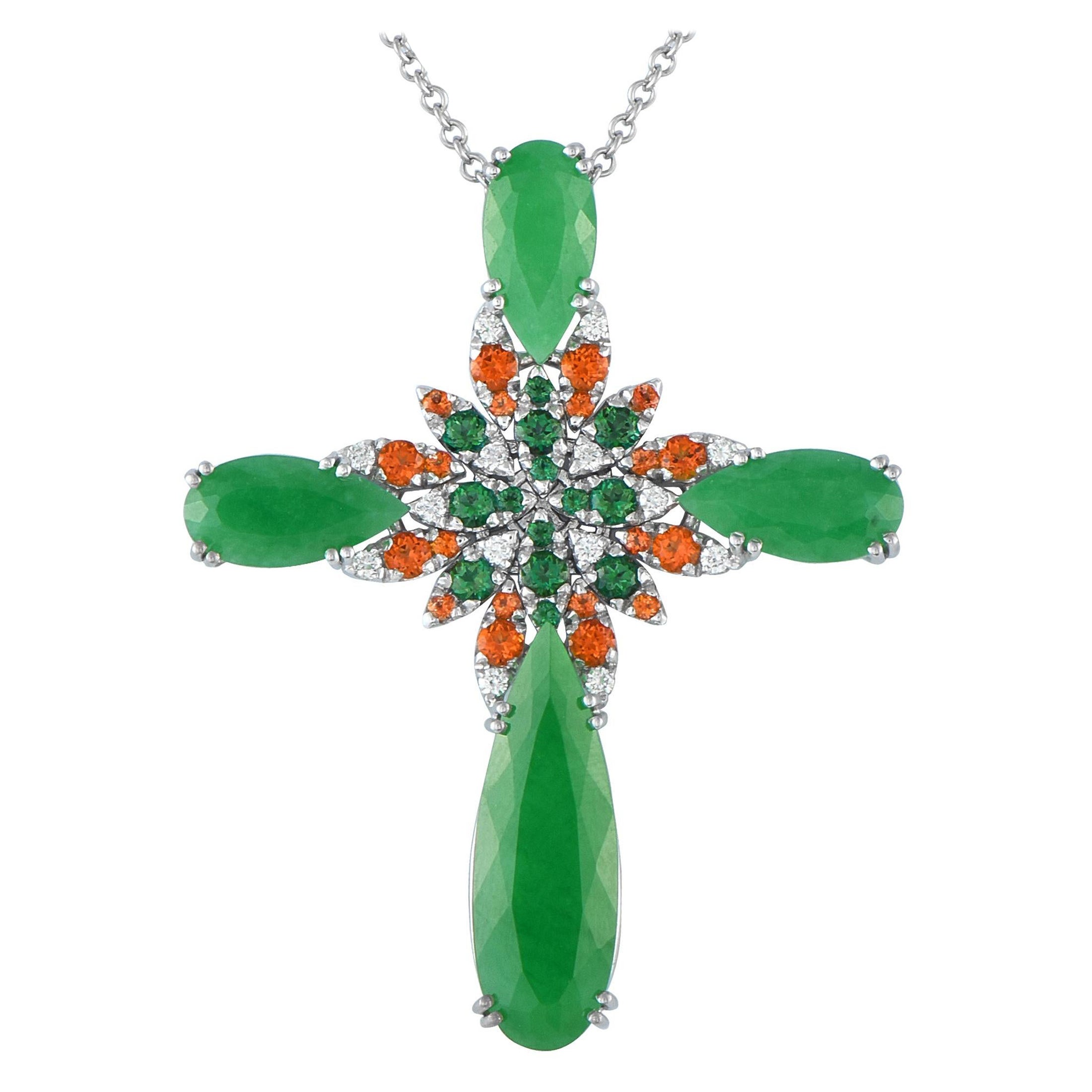 Pasquale Bruni 18K White Gold 0.25ct Diamond, Jade and Garnet Cross Necklace