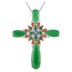 Pasquale Bruni 18K White Gold 0.25ct Diamond, Jade and Garnet Cross Necklace