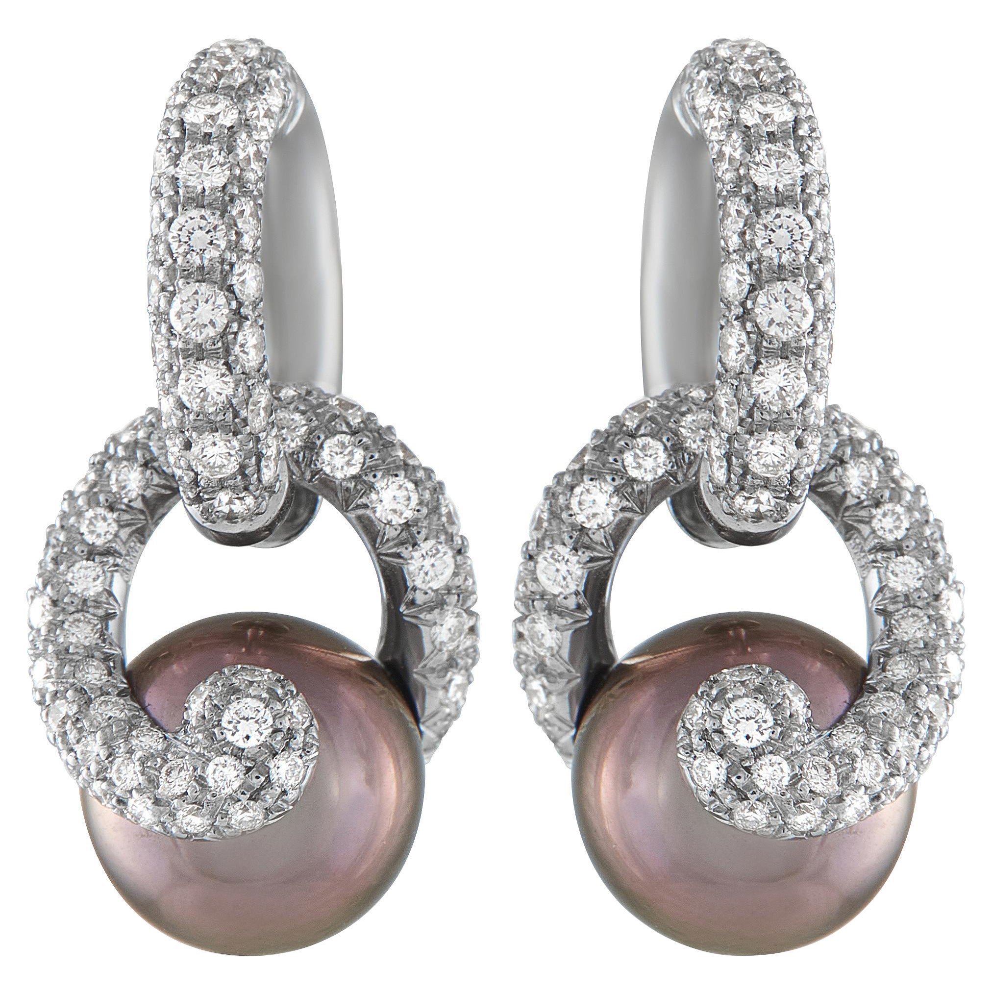 Mikimoto Placamos 18K White Gold 1.82ct Diamond and South Sea Pearl Earrings For Sale