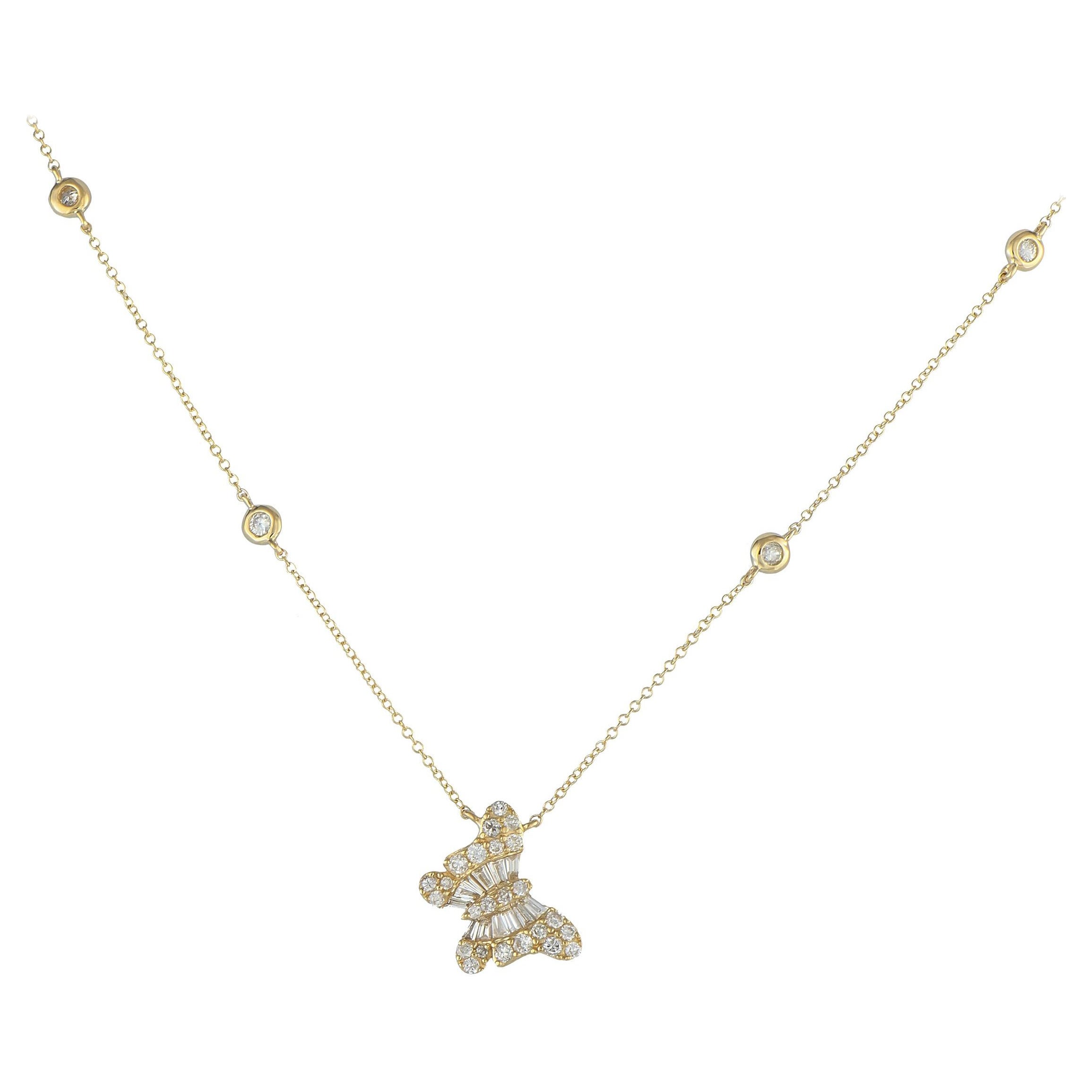 14K Yellow Gold 0.75ct Diamond Butterfly Pendant Necklace For Sale