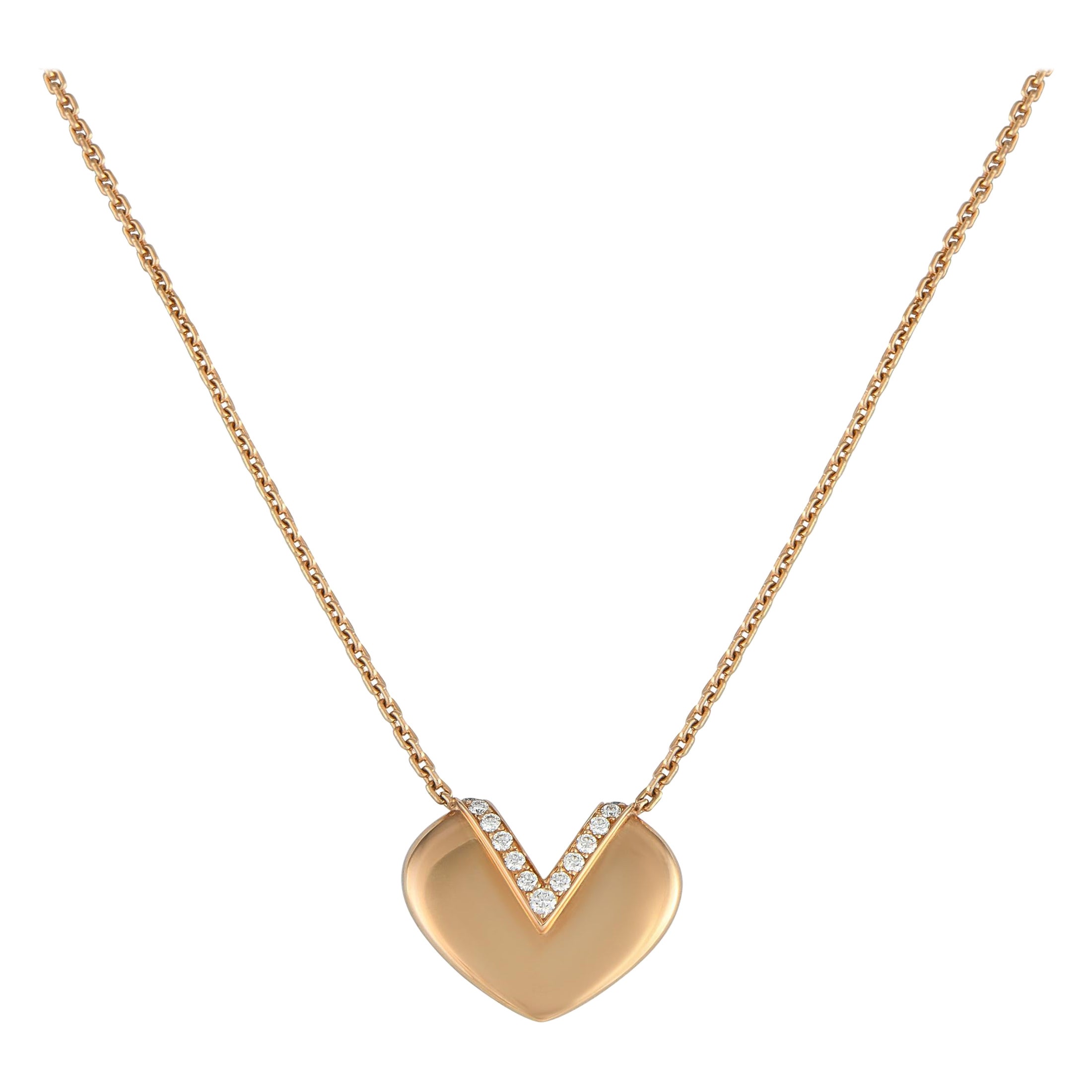 Louis Vuitton 18K Yellow Gold 0.14ct Diamond V Heart Necklace For Sale