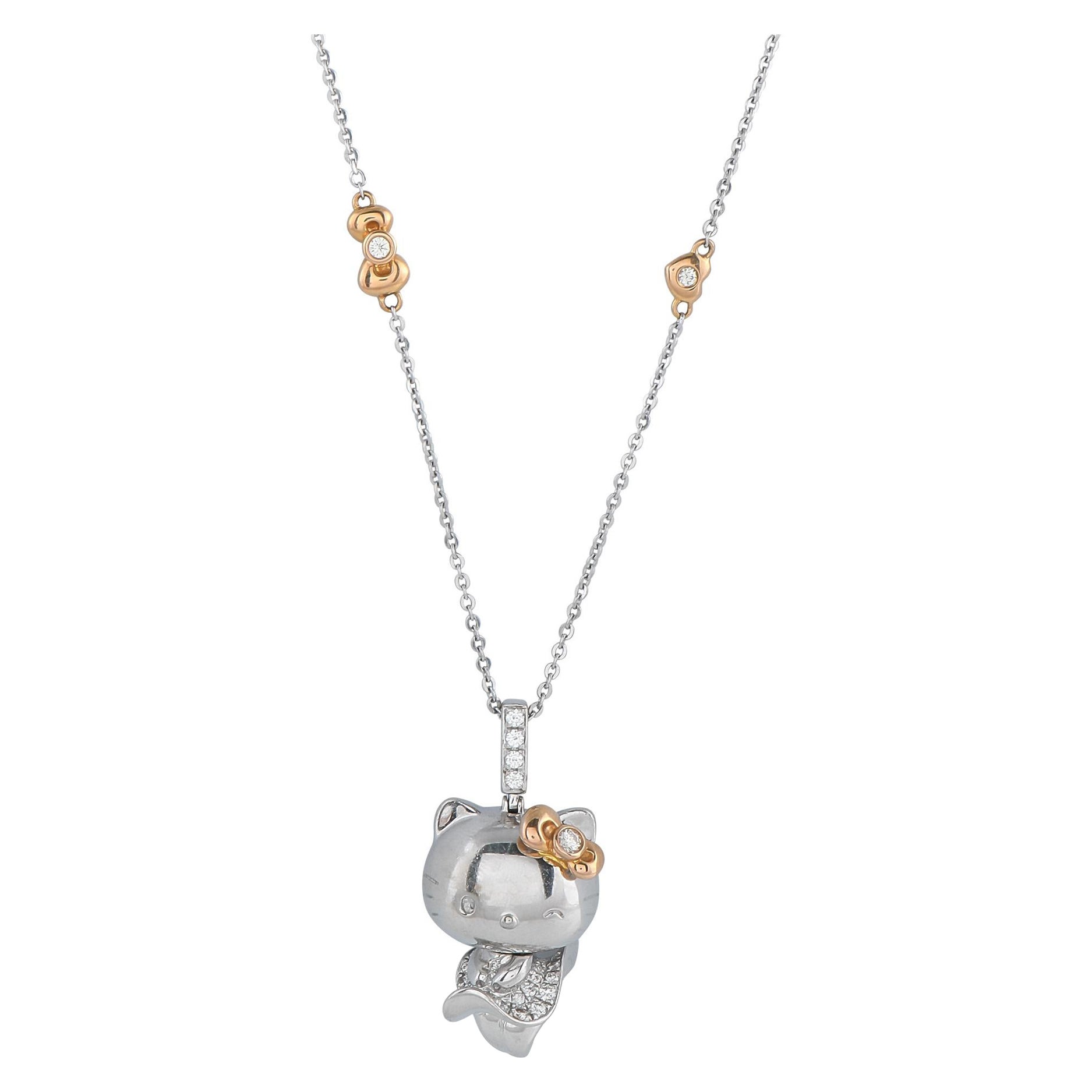 Sanrio Hello Kitty 18K White and Rose Gold 0.57ct Diamond Pendant Necklace For Sale