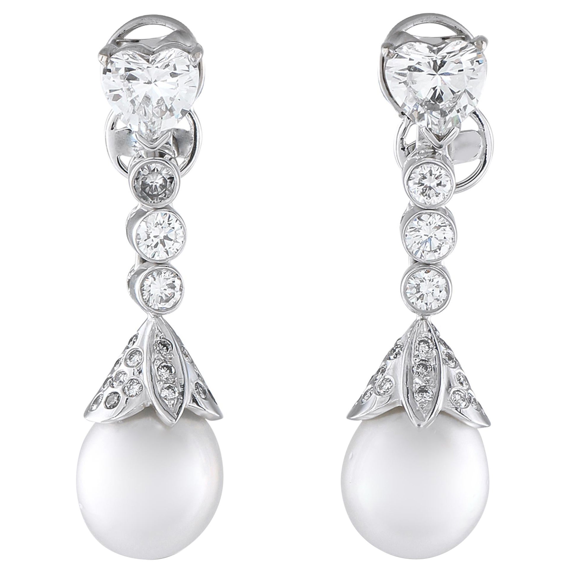18K Weißgold 2,90ct Diamant und Perlenohrringe im Angebot