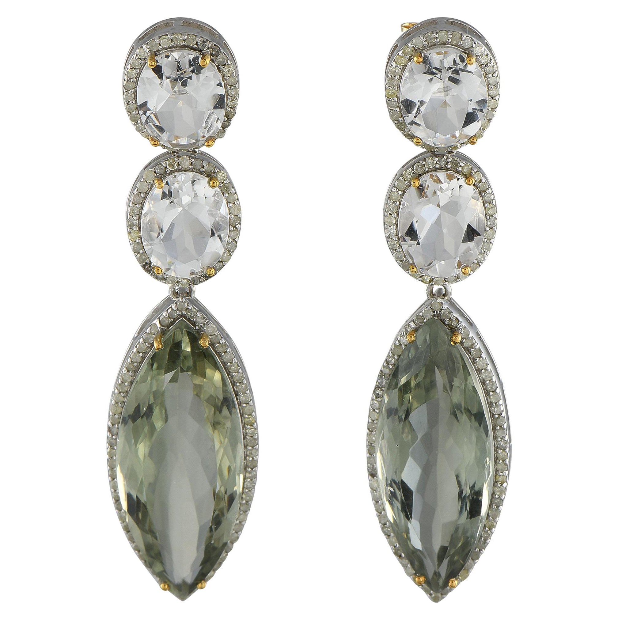 14K Yellow Gold and Silver 1.29ct Diamond Amethyst and Prasiolite Earrings For Sale