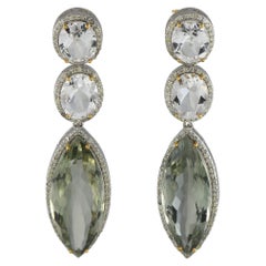 14K Yellow Gold and Silver 1.29ct Diamond Amethyst and Prasiolite Earrings