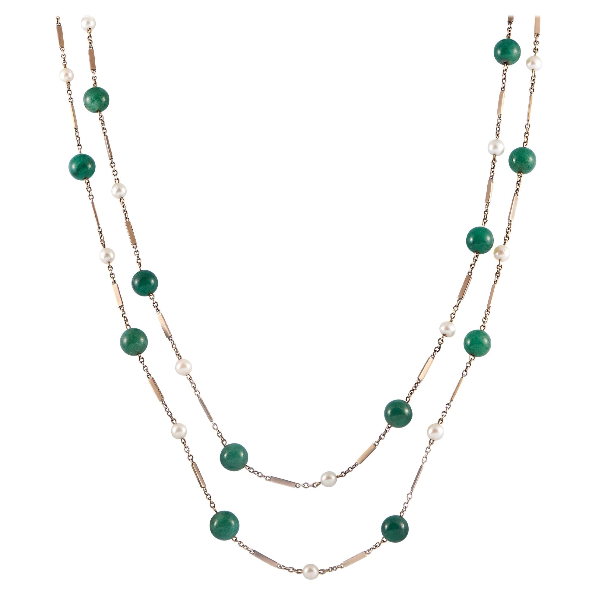 Antique 14K Yellow Gold Jade and Pearl Long Necklace For Sale
