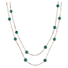 Antique 14K Yellow Gold Jade and Pearl Long Necklace