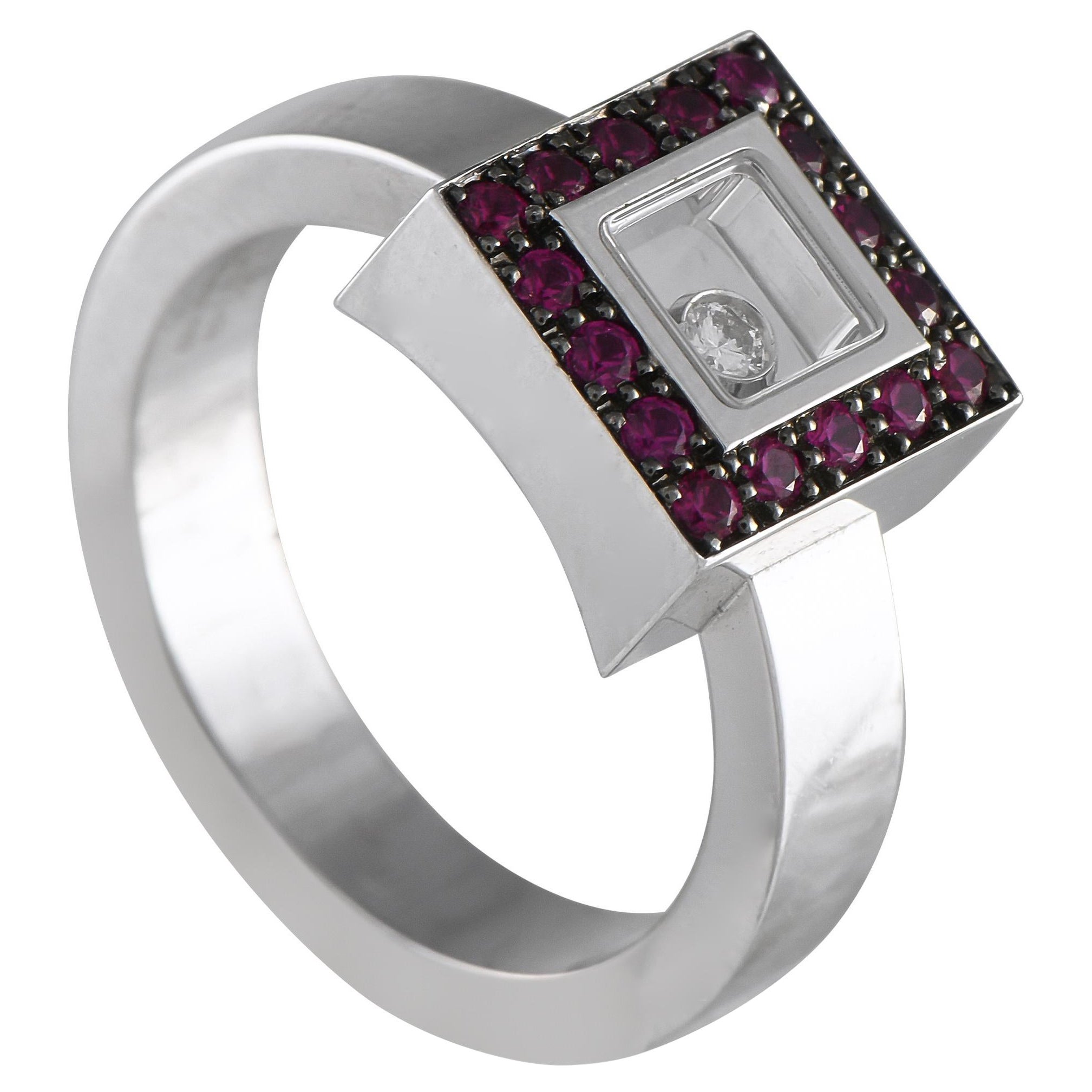 Chopard Happy Diamonds 18K White Gold 0.05ct Diamond and Ruby Ring For Sale