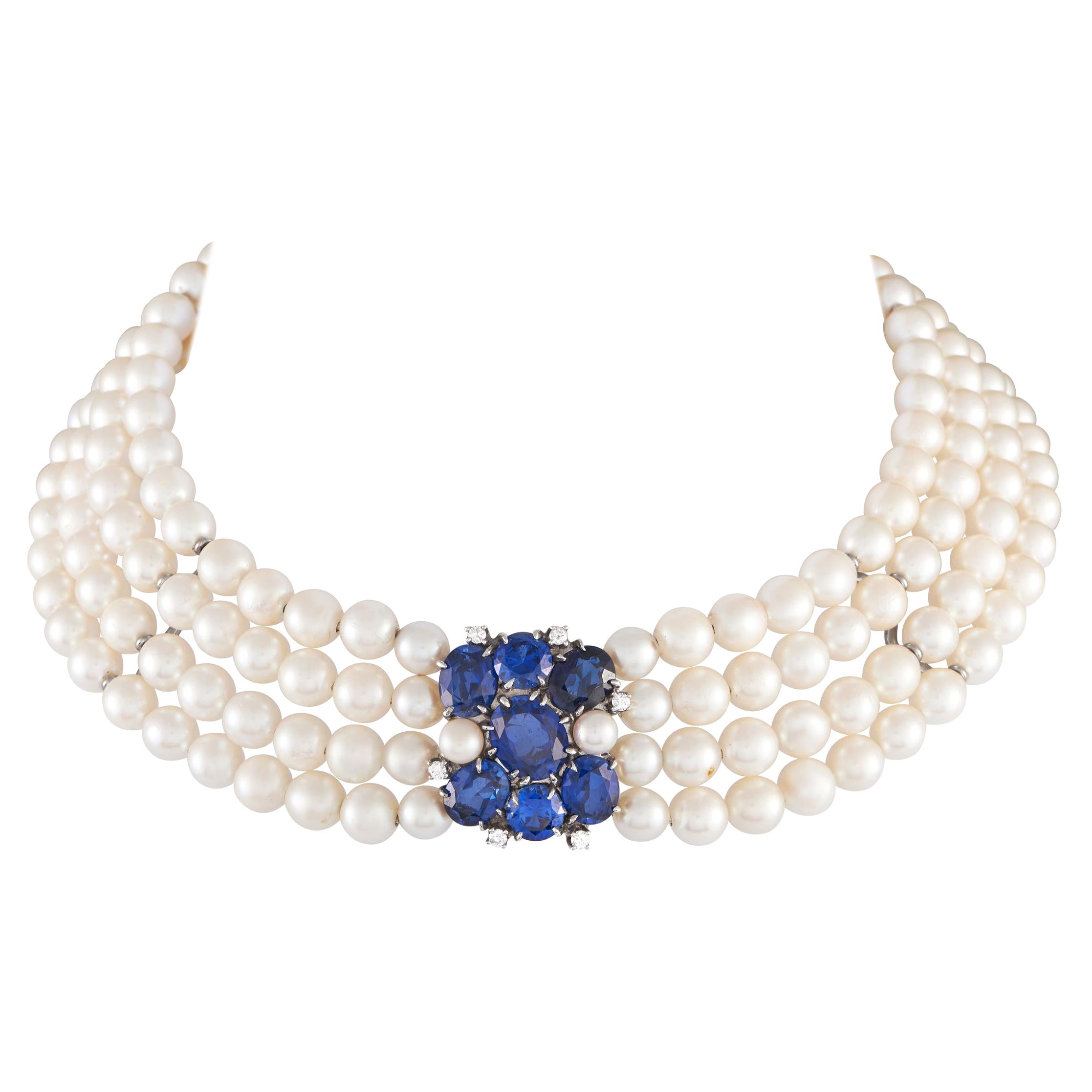 Adler 18K White Gold 0.30ct Diamond and Synthetic Sapphire Pearl Choker Necklace For Sale