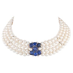 Adler 18K White Gold 0.30ct Diamond and Synthetic Sapphire Pearl Choker Necklace