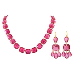 Baccarat 18K Yellow Gold Red Crystal Necklace and Earrings Set