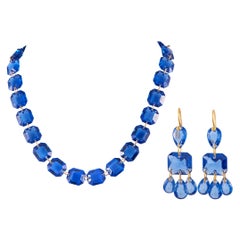 Baccarat 18K Yellow Gold Blue Crystal Necklace and Earrings Set