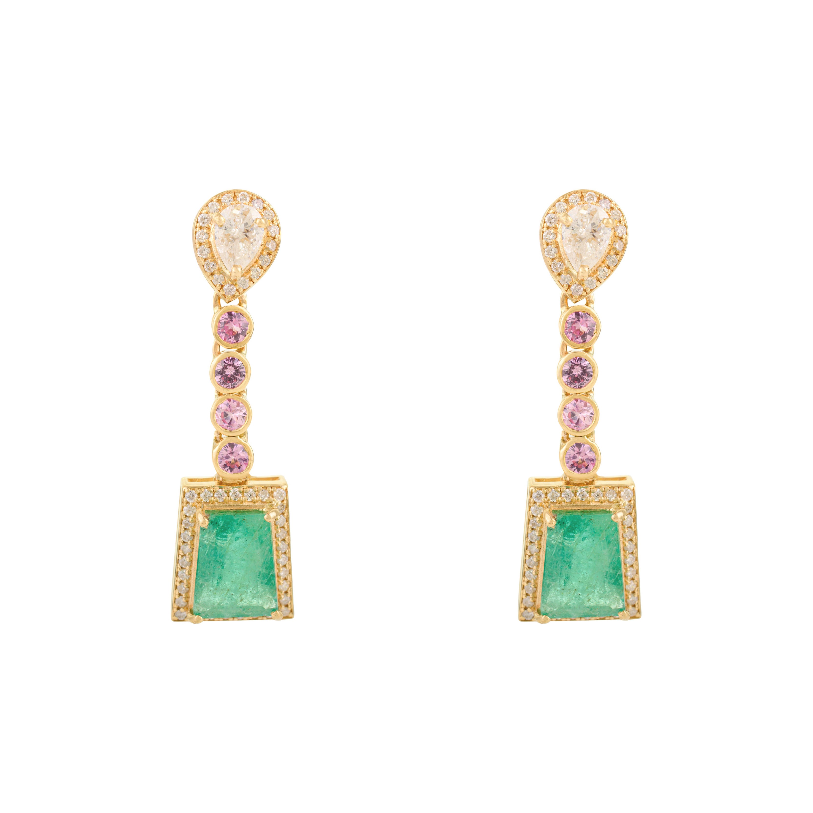 Emerald, Pink Sapphire & Diamond Geometric Drop Earrings in 18k Yellow Gold For Sale