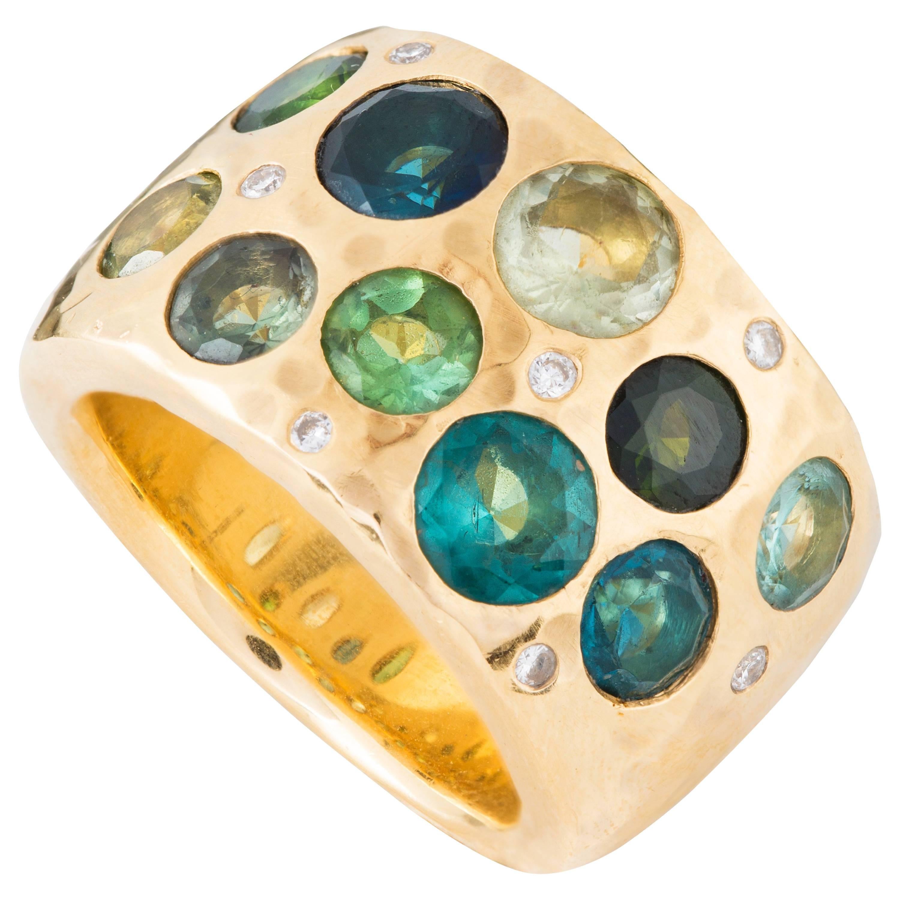 Blue and Green Tourmaline Diamond Gold Cocktail Indian Ocean Ring For Sale