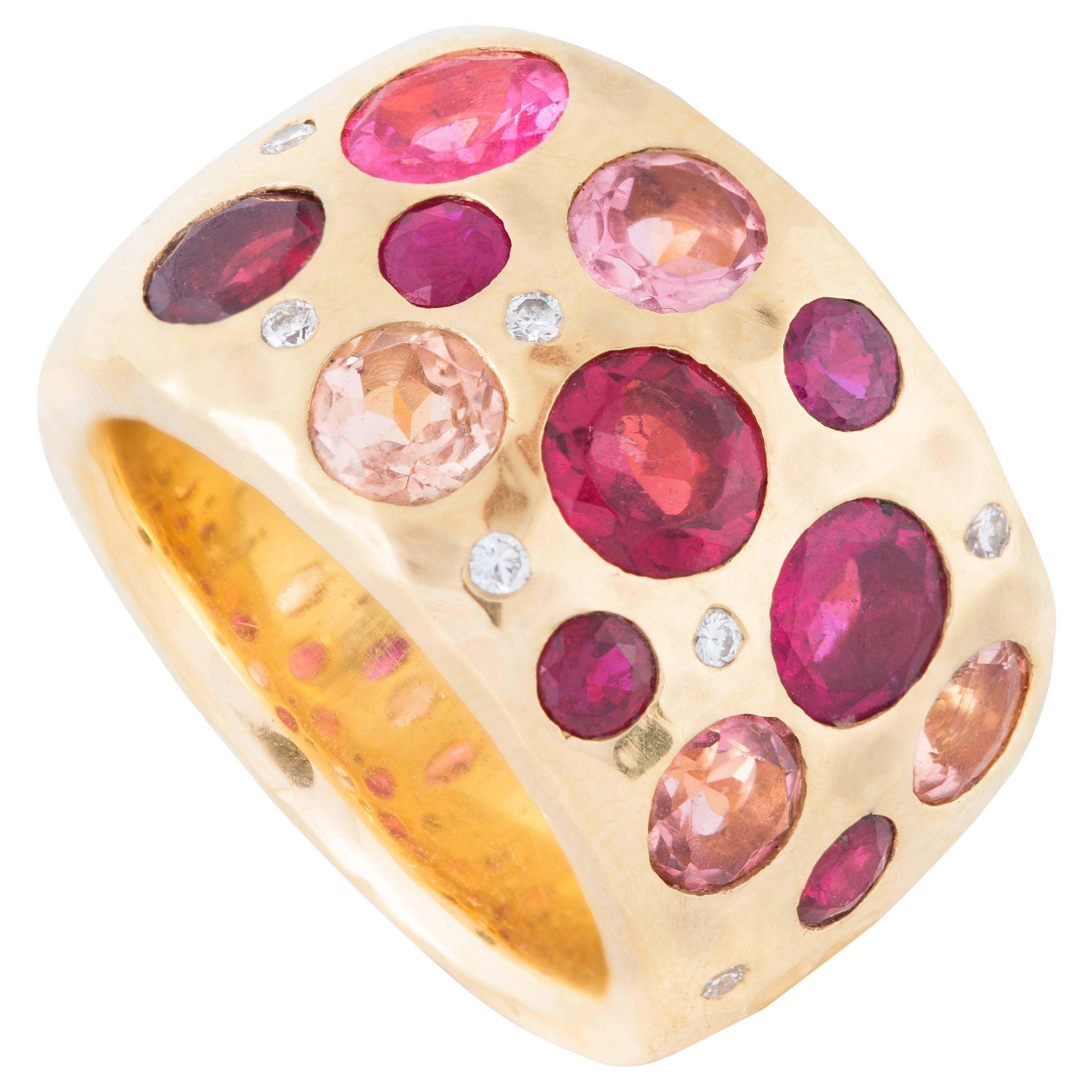 Pink Tourmaline Ruby Spinel Diamond Gold Cocktail Love Ring  For Sale