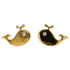 Whale Diamond Stud Earrings in 14K Solid Gold (Certified)