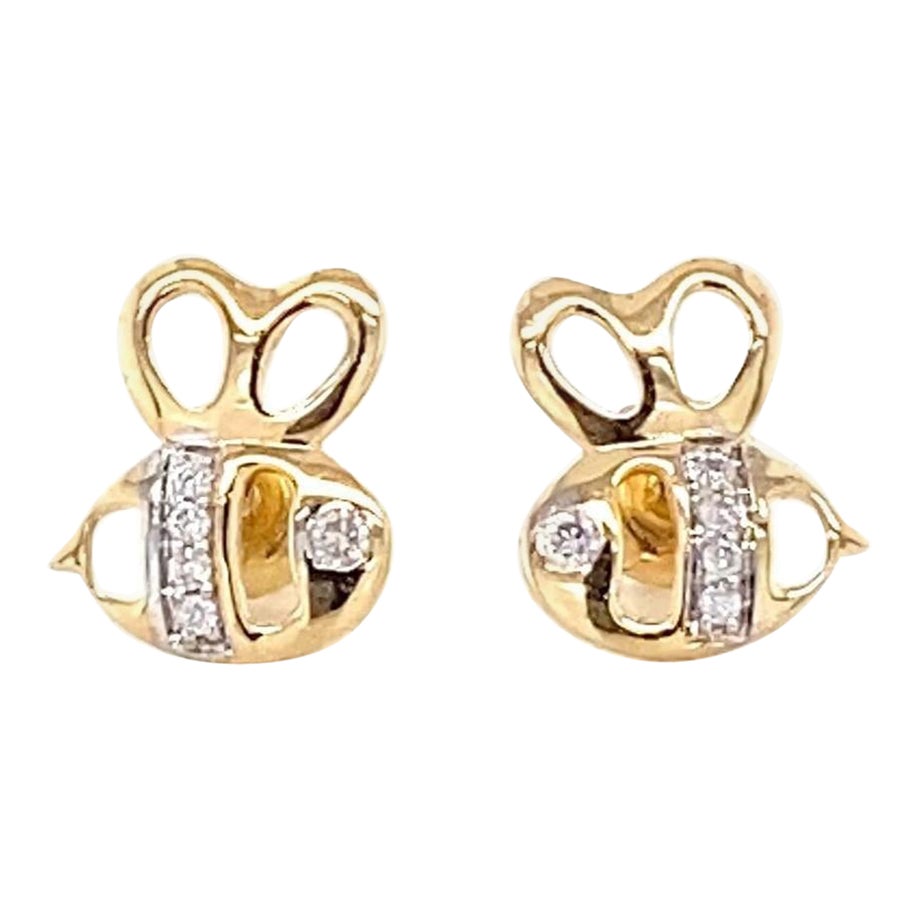 Kids Bee Diamond Stud Earrings in 14k Solid Gold (Certified)