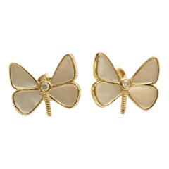 Mother Of Pearl Butterfly Diamond Stud Earrings in 14K Solid Gold (Certified)