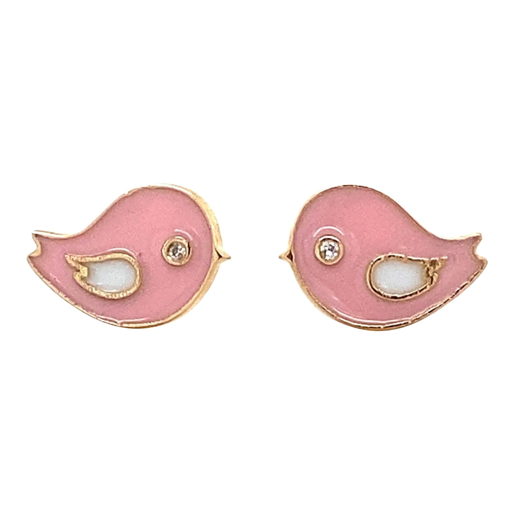 Kids Pink Bird Diamond Stud Earrings in 14K Solid Gold (Certified)