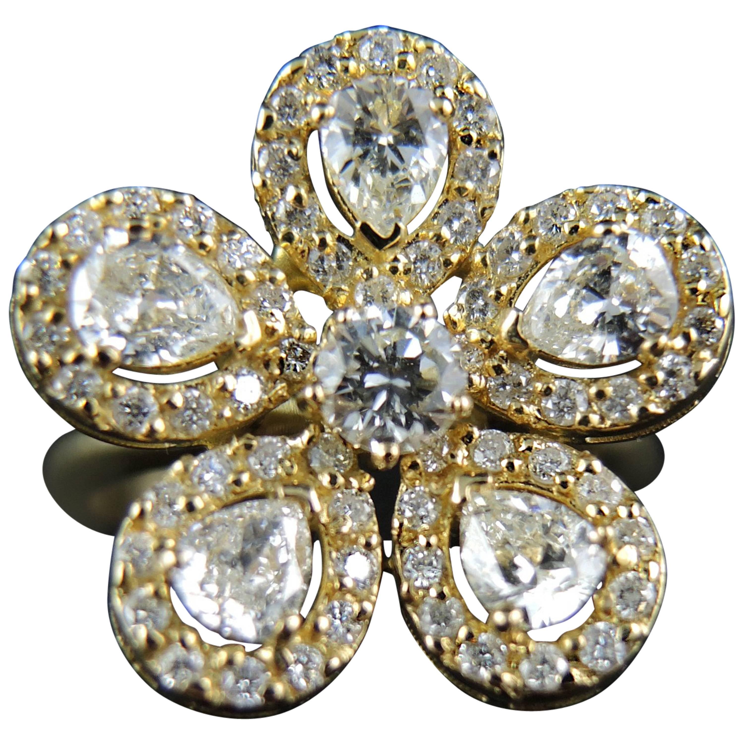 French Diamonds Yellow Gold Flower Ring For Sale