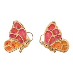 Enameled Butterfly Diamond Stud Kids Earrings in 14k Solid Gold (Certified)