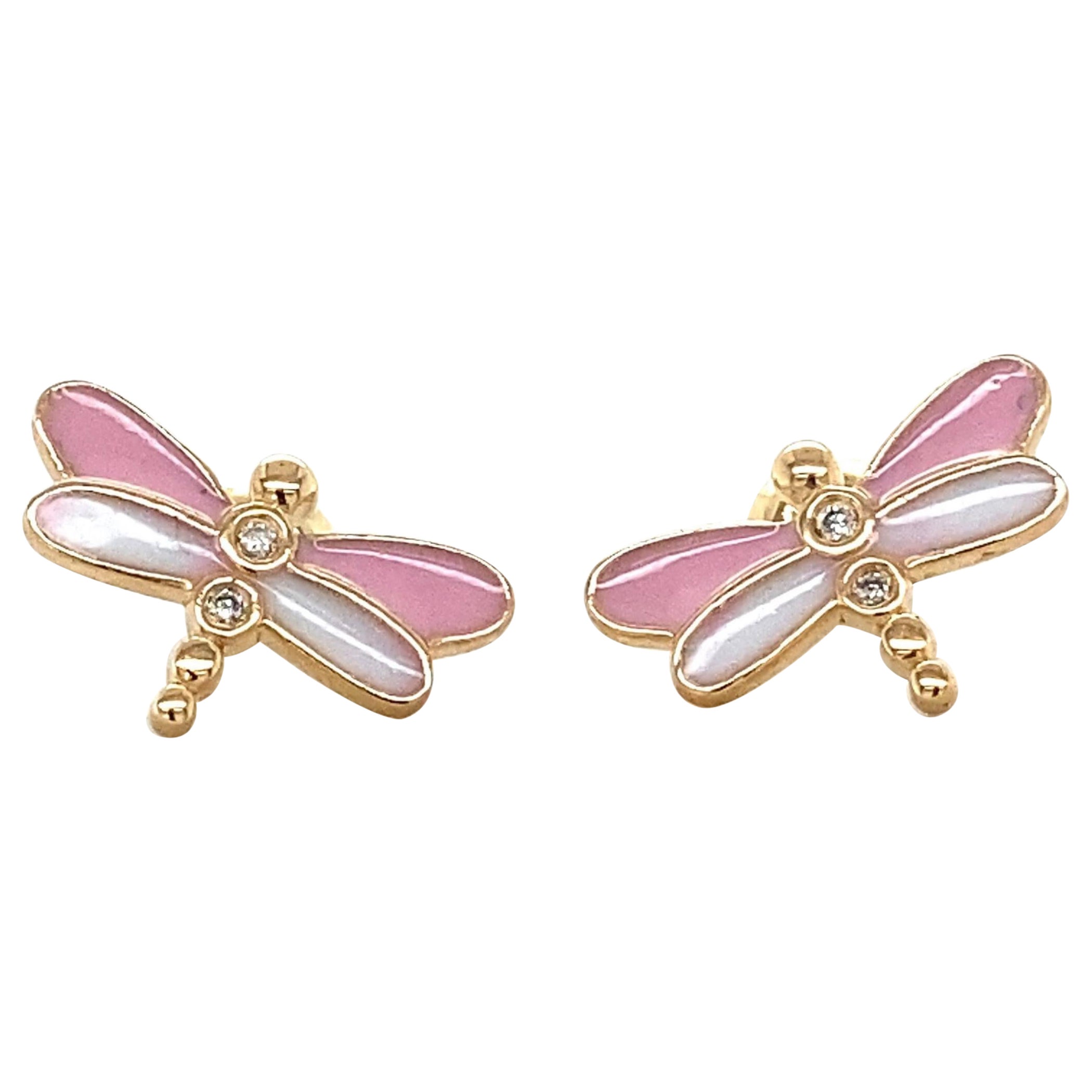 Dragonfly Diamond Stud Kids Earrings in 14k Solid Gold (Certified)