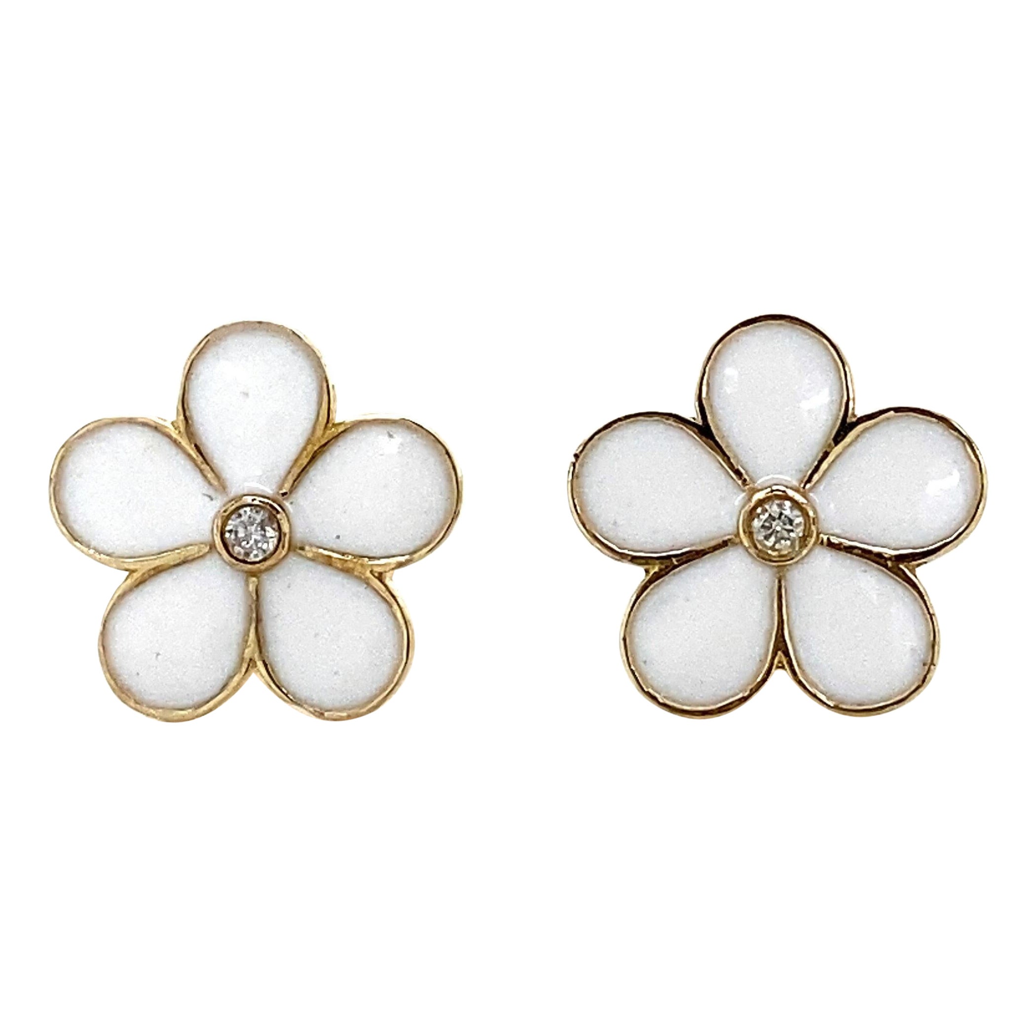 Enameled Flower Diamond Kids Earrings in 14k Solid Gold (Certified)