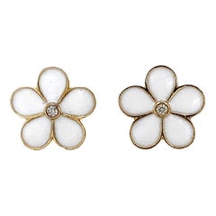 Boucles d'oreilles enfants en or massif 14k avec fleurs émaillées et diamants (certifié)