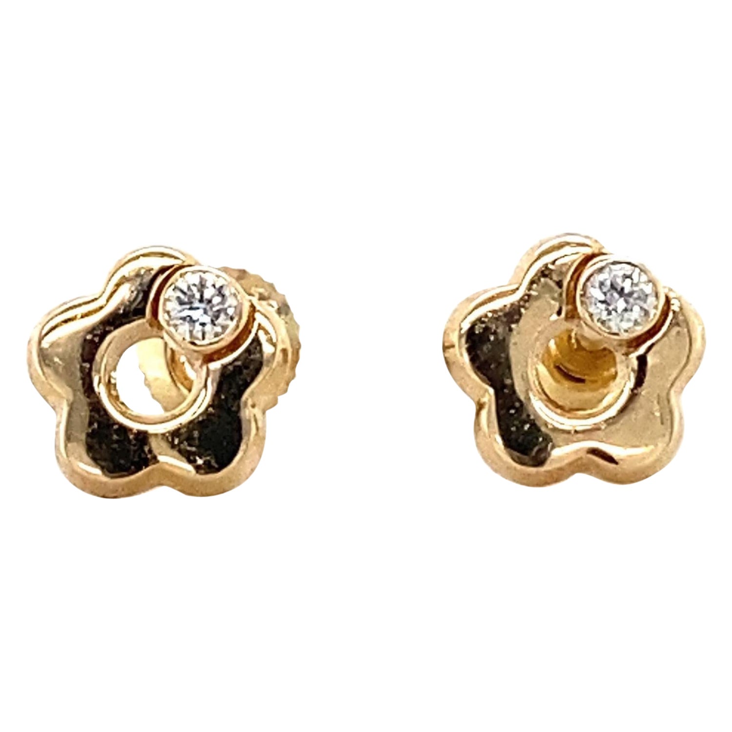 Kids Flower Diamond Stud Earrings in 14K Solid Gold (Certified)