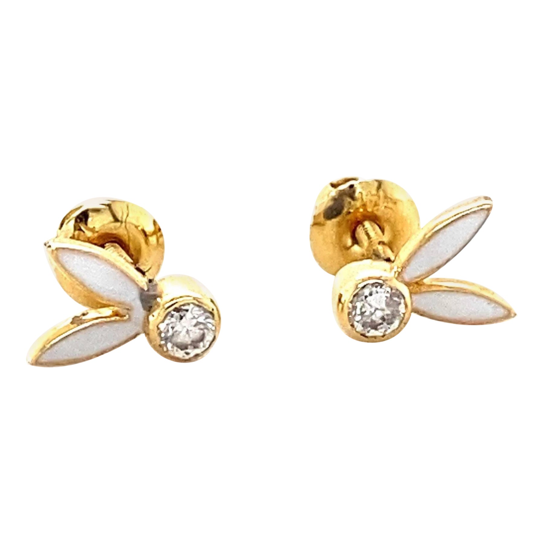 Orecchini per bambini con orecchie da coniglio smaltate e diamanti in oro massiccio 14k (certificati)