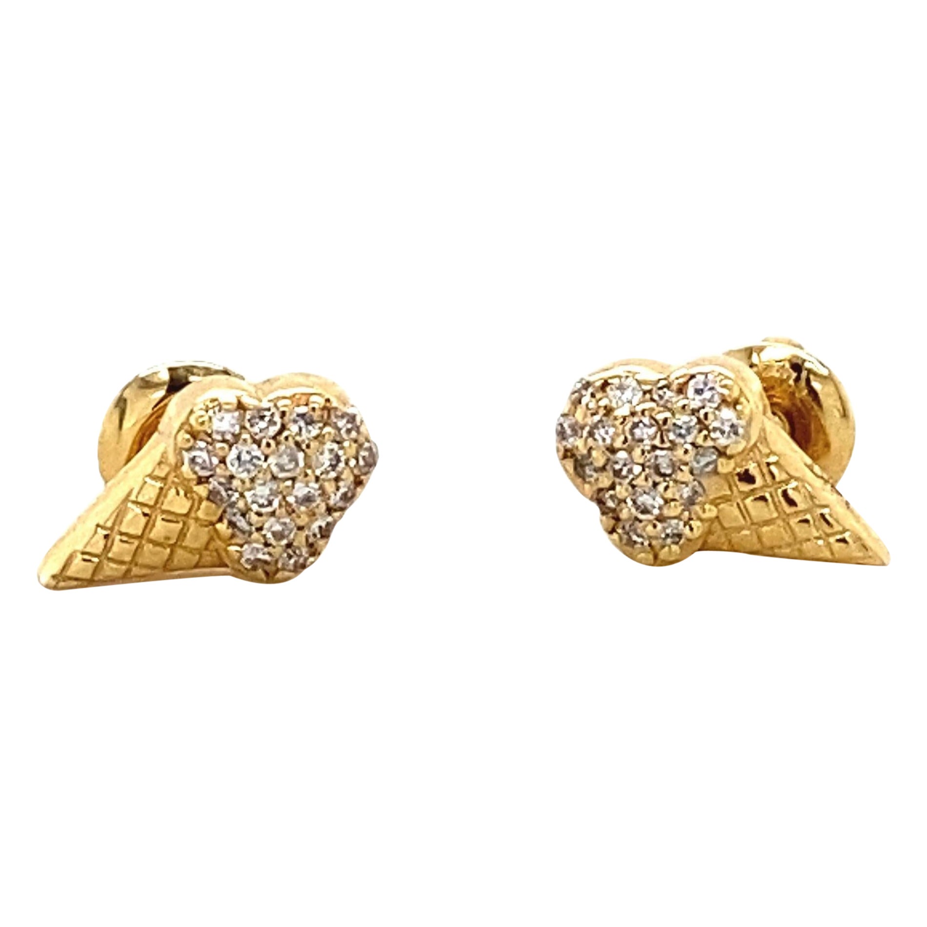 Kids Ice Cream Cone Diamond Stud Earrings in 14K Solid Gold (Certified) For Sale