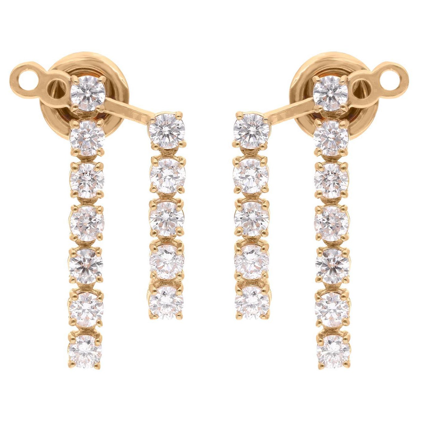 1.92ct Diamond Double Bar Jacket Earrings 18 Karat Yellow Gold Handmade Jewelry For Sale