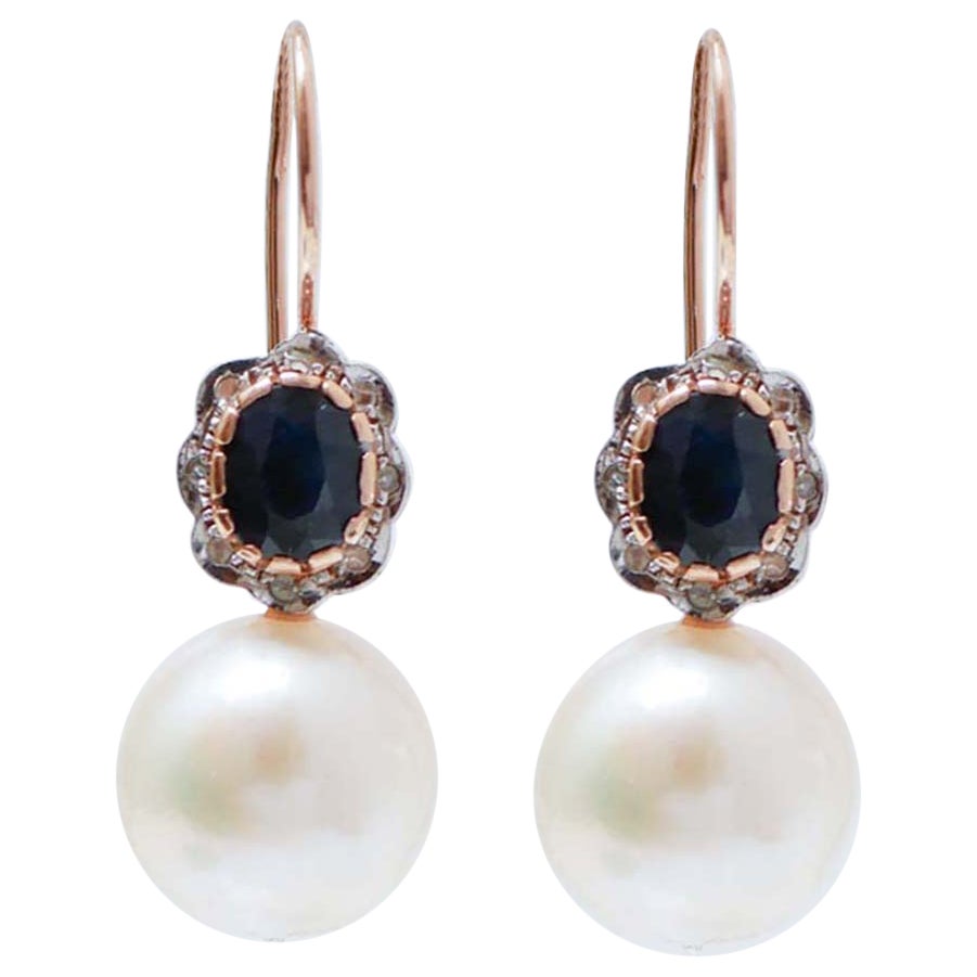 13 Mm Pearls. Sapphires, Diamonds, Rose Gold and Silver Earrings. For Sale