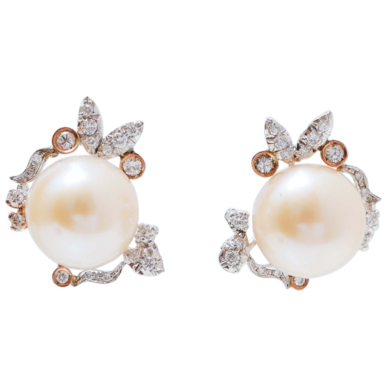 12 Mm Pearls, Diamonds, 14 Karat White Gold and Rose Gold Earrings.