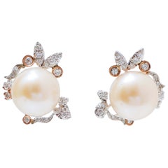 12 Mm Pearls, Diamonds, 14 Karat White Gold and Rose Gold Earrings.
