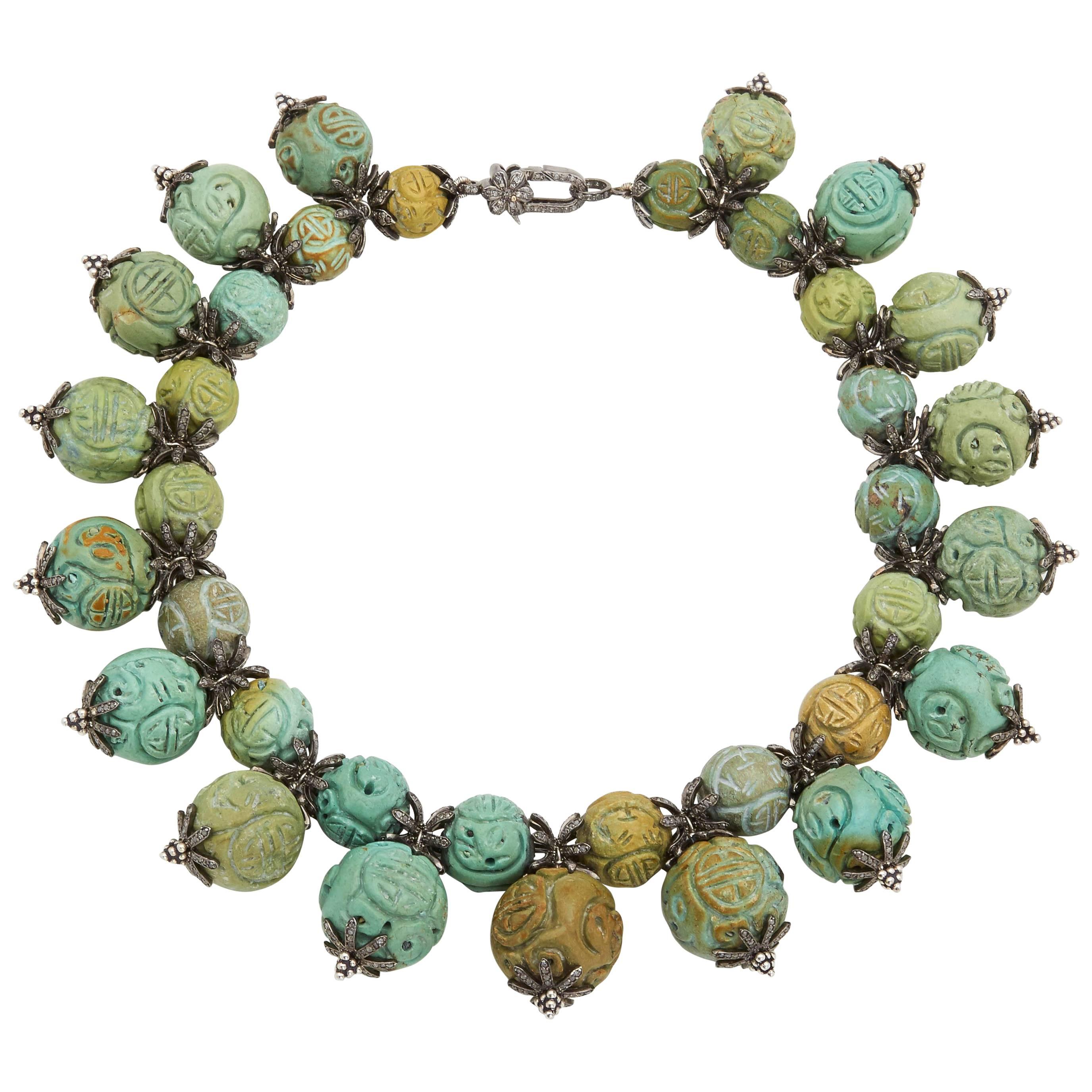 Carved Turquoise Diamond Collar Necklace For Sale