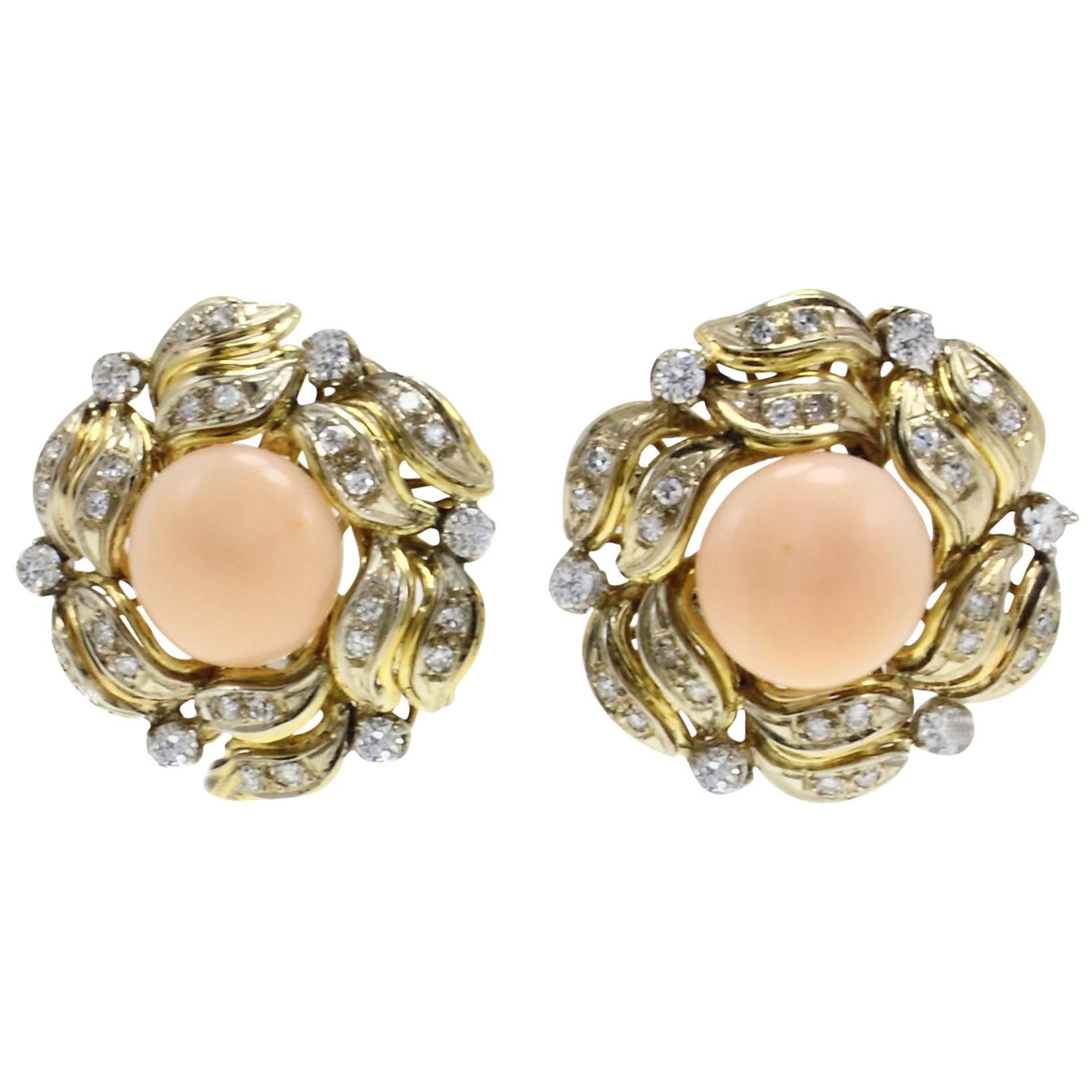 White Diamonds, Pink Coral Buttons, 18K Yellow Gold Clip-on Earrings
