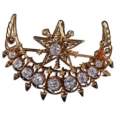 Antique Victorian 18K Yellow Gold Old Mine Diamond Celestial Crescent Pin Brooch