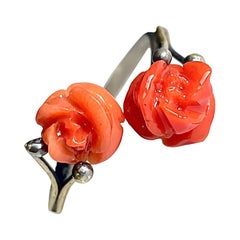 Edwardian Antique carved red Coral roses Ring set in 800 Silver, Adjustable band