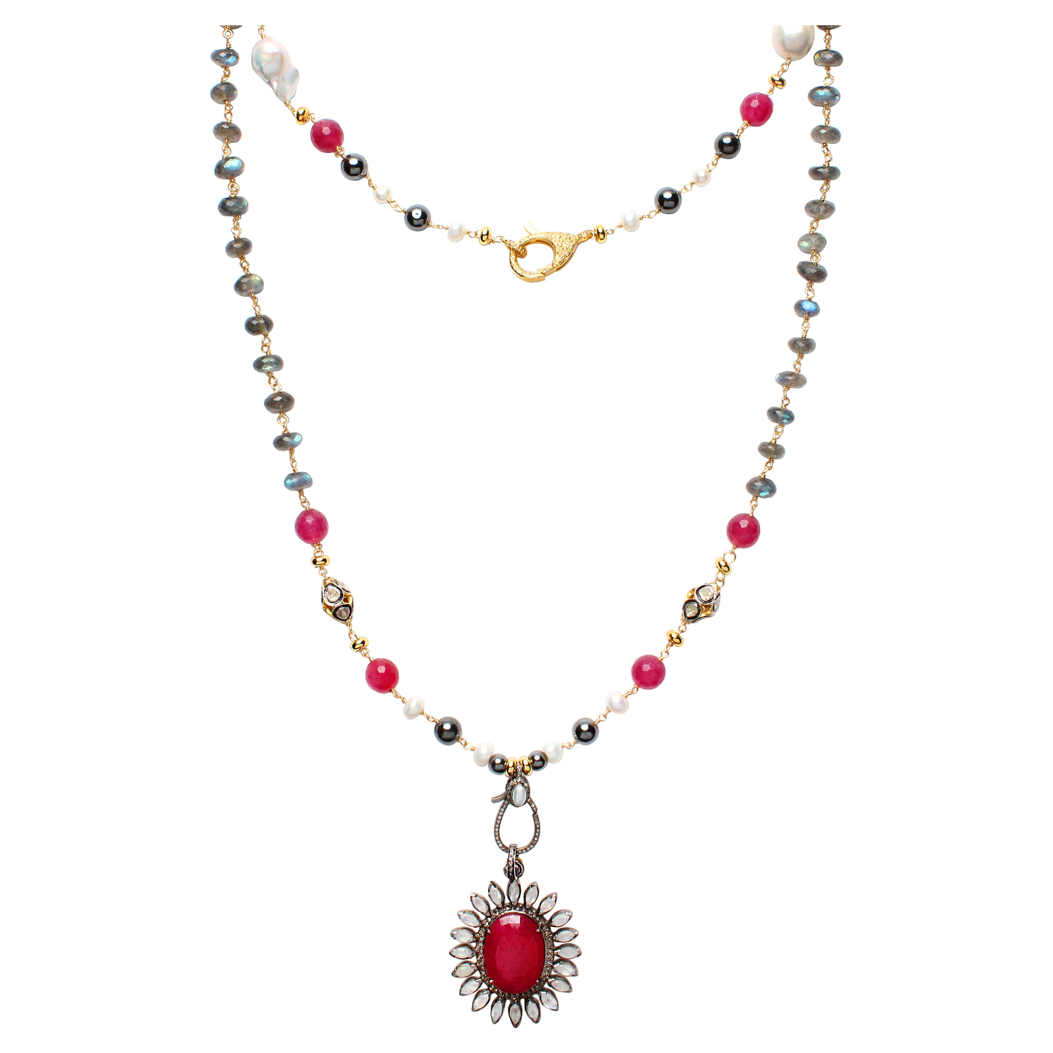 CLARISSA BRONFMAN Labradorite Diamond Ruby "Carmen" Necklace & Ruby Pendant