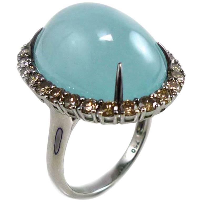 Aquamarine Chocolate Diamond Cocktail Ring For Sale