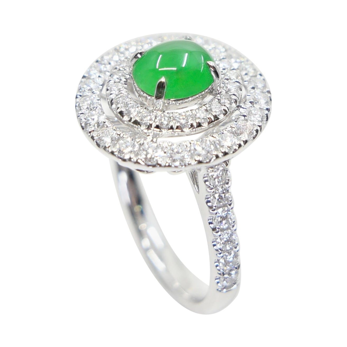 Certified Natural Jade & Diamond Cocktail Ring, Intense Apple Green Color.