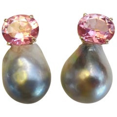 Michael Kneebone Pink Topaz Baroque Tahitian Pearl Earrings