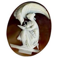 Signed Ch. Schmoll antique cameo, Greek goddess Hebe & Zeus as eagle, circa 1880