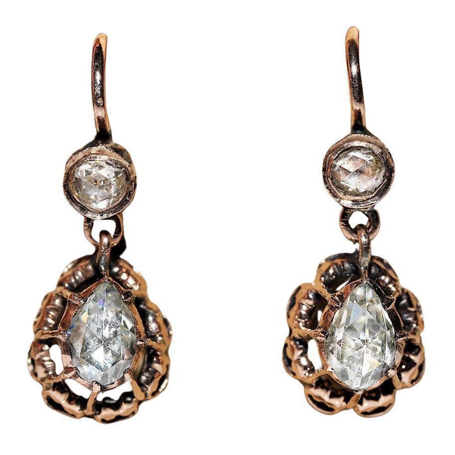 Antique Circa 1900s 8k Gold Natural Rose Cut Diamond Decorated Drop Earring