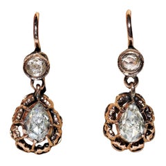 Antique Circa 1900s 8k Gold Natural Rose Cut Diamond Decorated Drop Earring